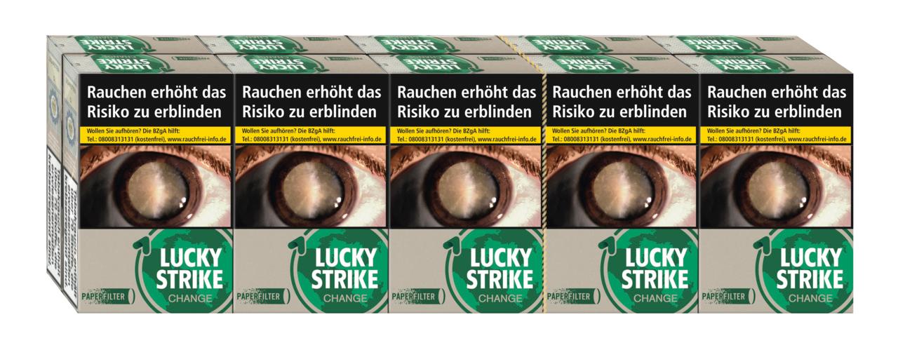 Packung Lucky Strike Change Dark Green Zigaretten mit Paper Filter, grüne und weiße Gestaltung. Verkauft als Stange (10x20 Stück).
