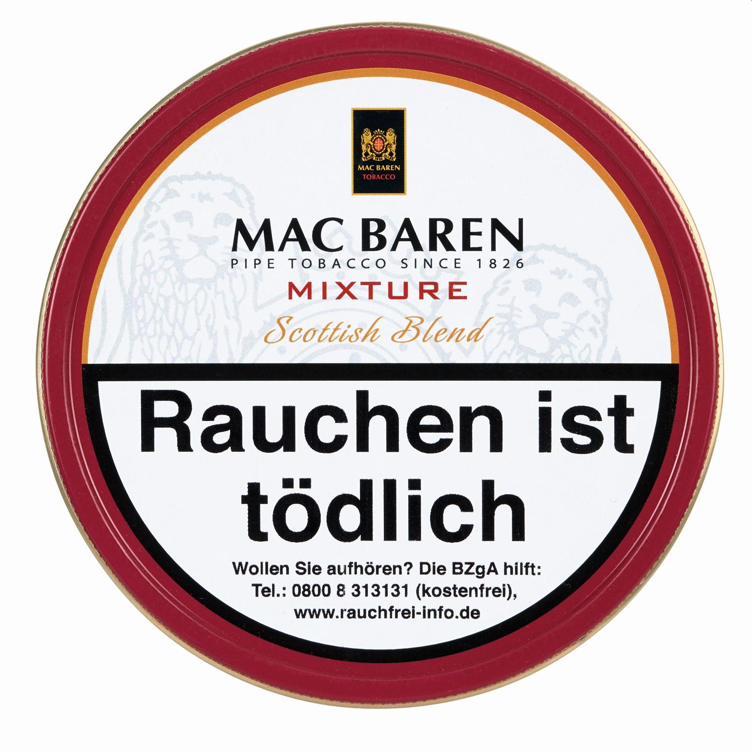 Rote Dose Mac Baren Pfeifentabak der Sorte Mixture Scottish Blend mit goldenem Rand und weißem Etikett, das den Markennamen "Mac Baren", den Produktnamen "Mixture Scottish Blend" und einen Hinweis zum Rauchstopp abbildet. Verpackungseinheit: 1 Dose.