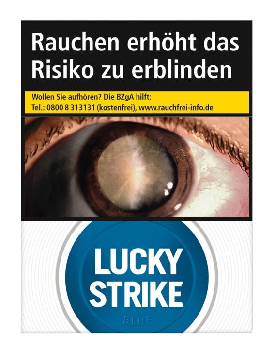 Blaue Packung Lucky Strike Blue Giga Zigaretten von Lucky Strike mit Auge, Gesundheitshinweis und 23 Stück Inhalt.