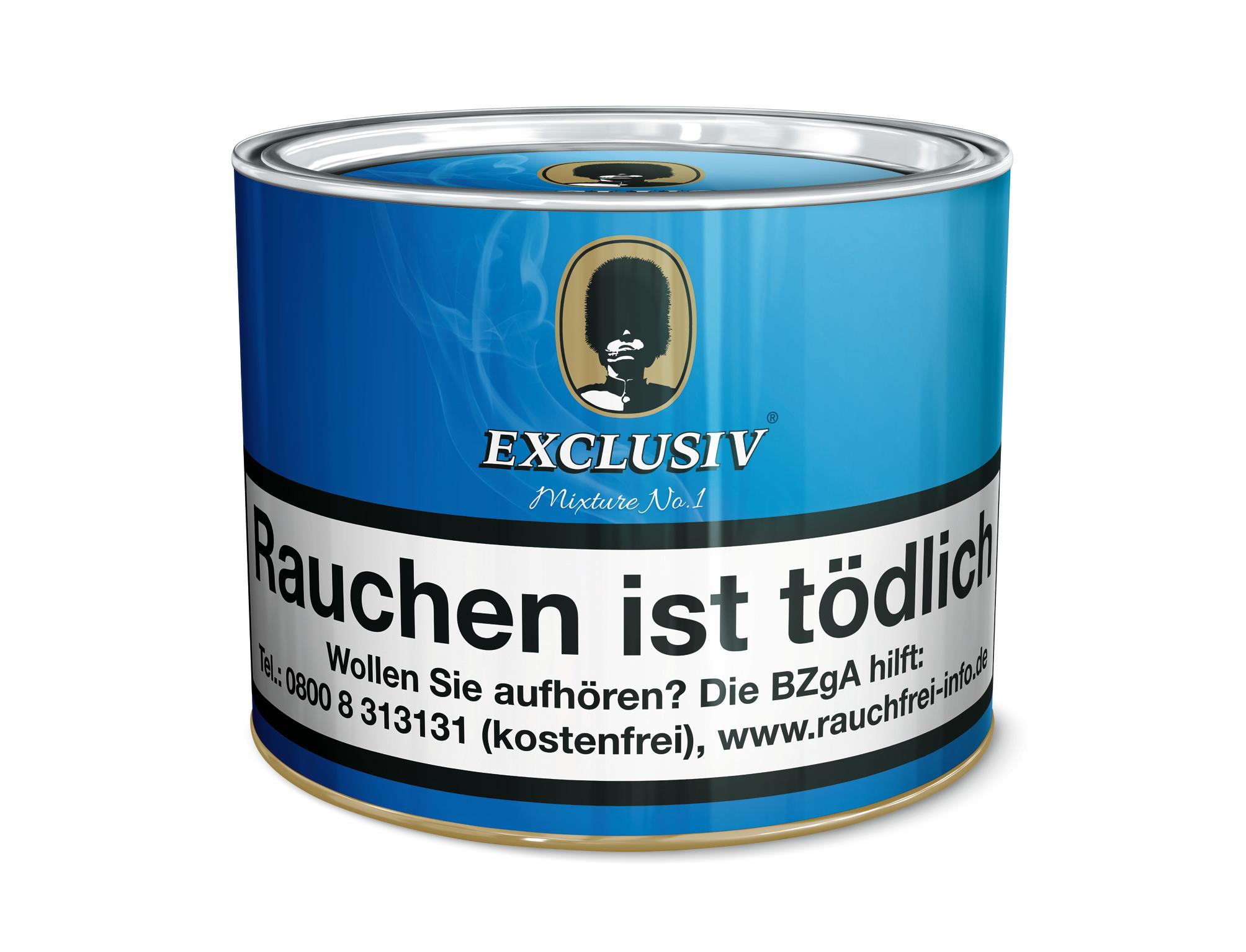 Exclusiv Pfeifentabak Mixture No. 1 (Royal) 1 Dose 100 Gramm Blaue und goldene Dose Exclusiv Pfeifentabak Mixture No. 1 (Royal) mit Portrait-Aufdruck, silbernem Deckel und goldenem Boden, 100 Gramm.