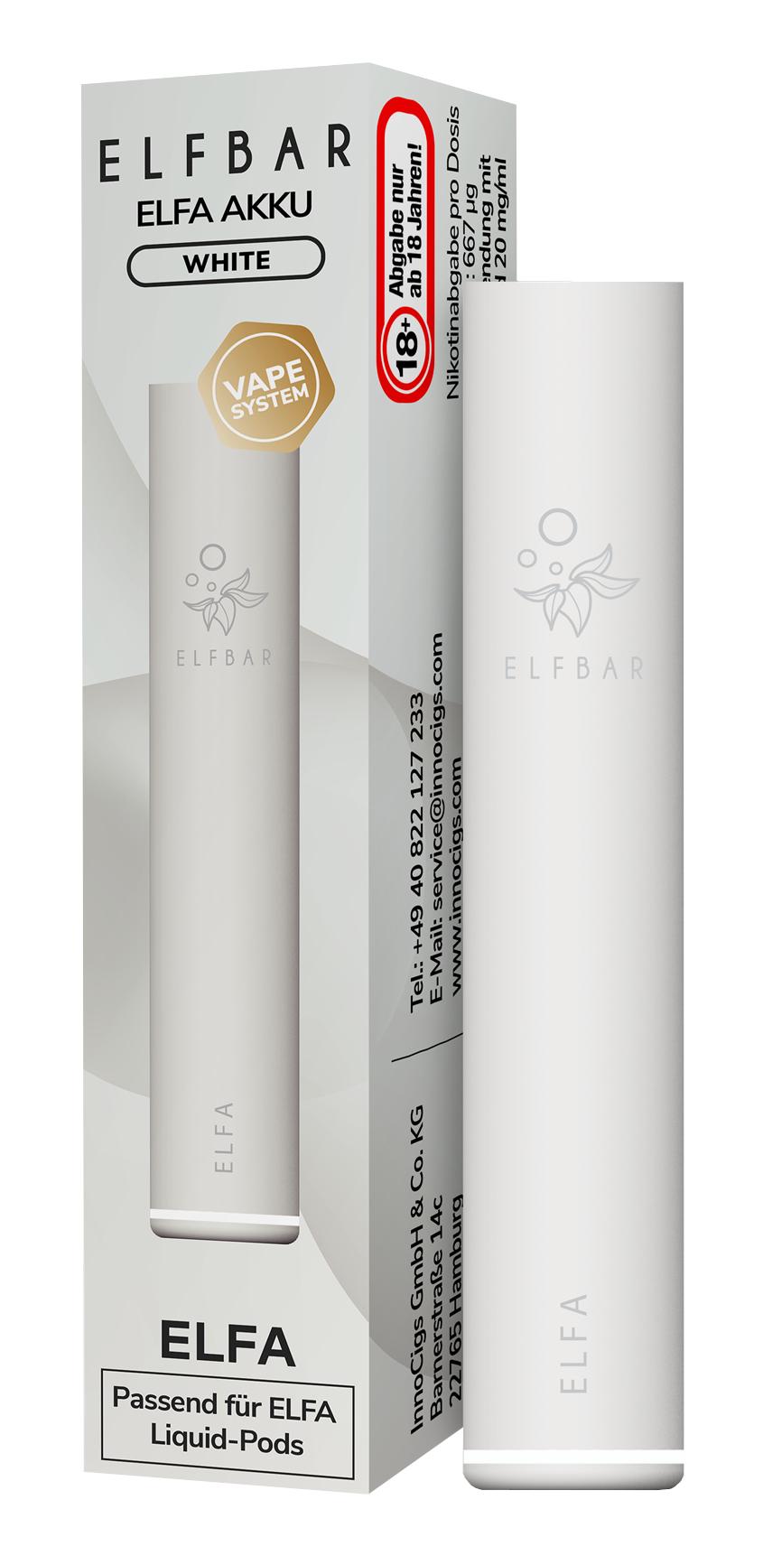 Weißes ELFA Pod-Kit von ELFA by Elfbar inklusive einer wiederaufladbaren E-Zigarette mit 500 mAh Akku und passender Umverpackung als Einzelpackung.
