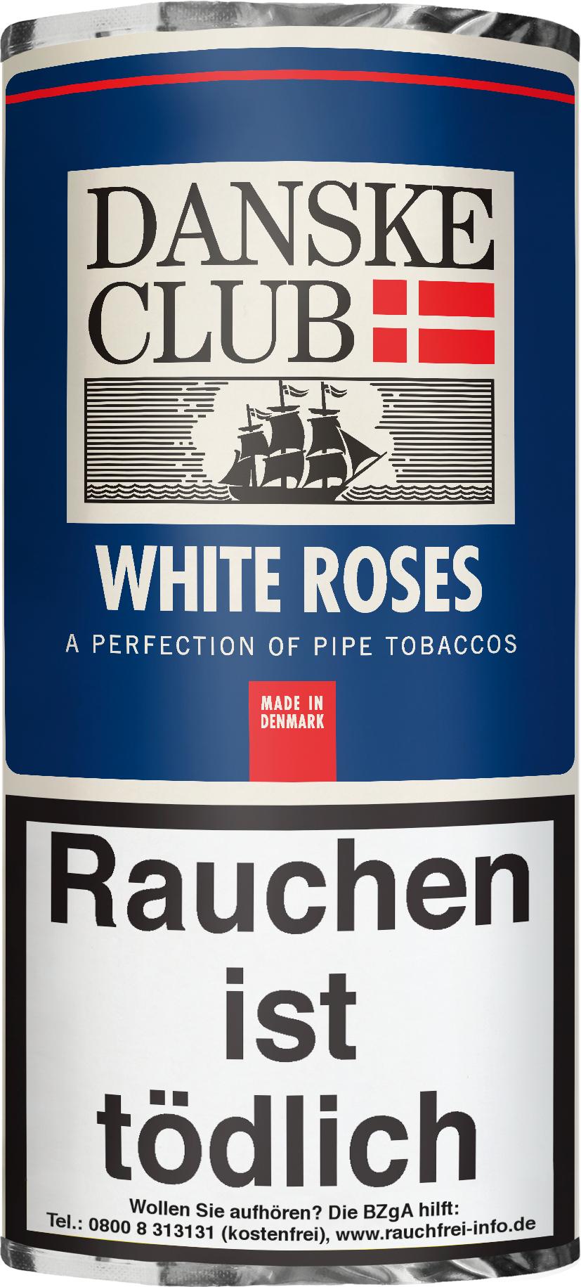 Blaue zylindrische Dose Danske Club Pfeifentabak White Roses mit 50 Gramm Inhalt inklusive gesetzlicher Warnhinweise.
