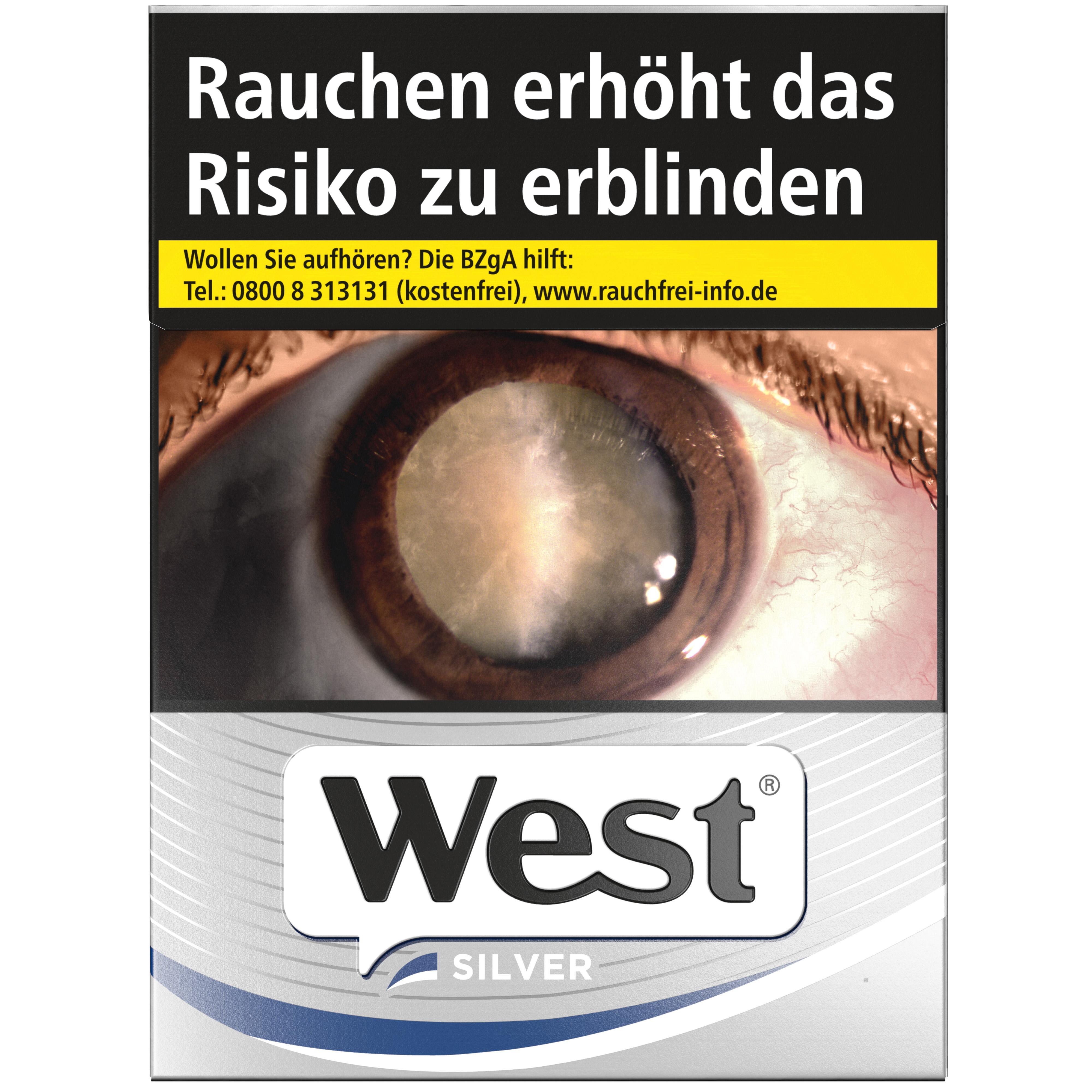 West Silver Zigaretten, 1 Packung mit 25 Stück, weiße Packung mit blau-grauen Streifen.