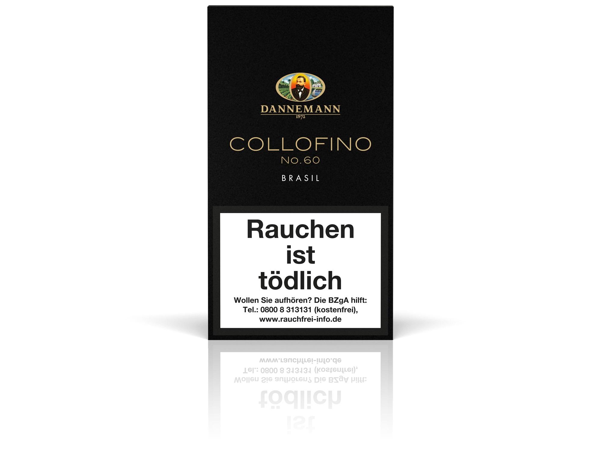 Schwarze Packung Dannemann Collofino 60 Brasil Zigarren, 5 Stück, mit dem Warnhinweis "Rauchen ist tödlich" und dem Logo des Herstellers Dannemann.