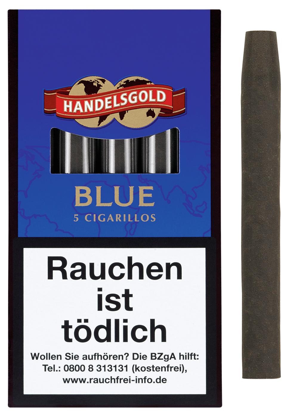 Blaue Packung Handelsgold Zigarillos 207 Blue von Handelsgold mit Logo, in der Verpackungseinheit 10 Packungen á 5 Stück.