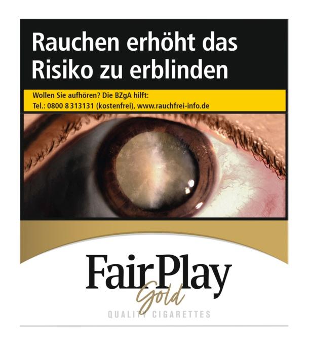 Fair Play Gold XXXL Zigaretten (30 Stück) im weißen Pack mit schwarzem/goldenen Bereich und Warnhinweis "Rauchen erhöht das Risiko zu erblinden".