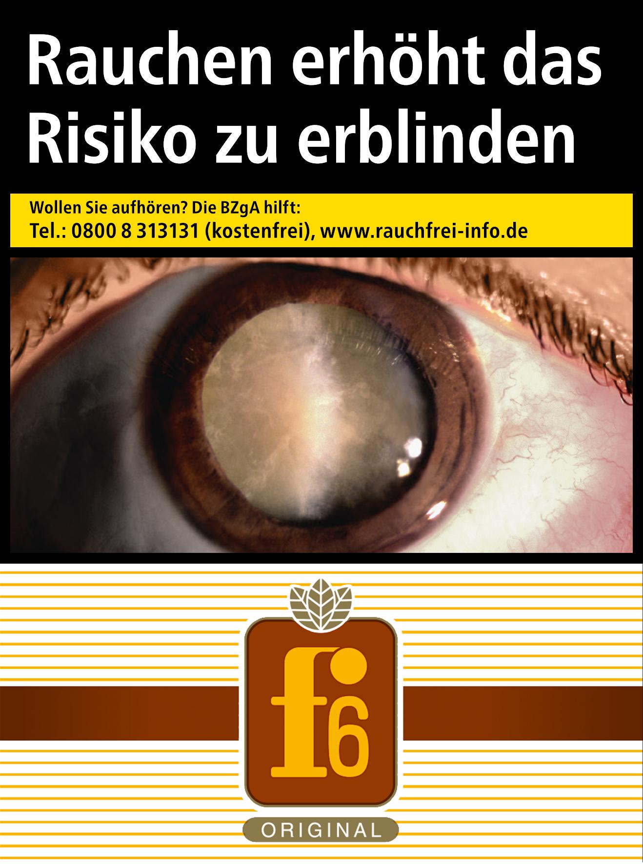 Packung F6 Original XXL Zigaretten, 26 Stück. Auf der Packung ist das braun-goldene F6 Logo mit dem Schriftzug "Original" abgebildet.
