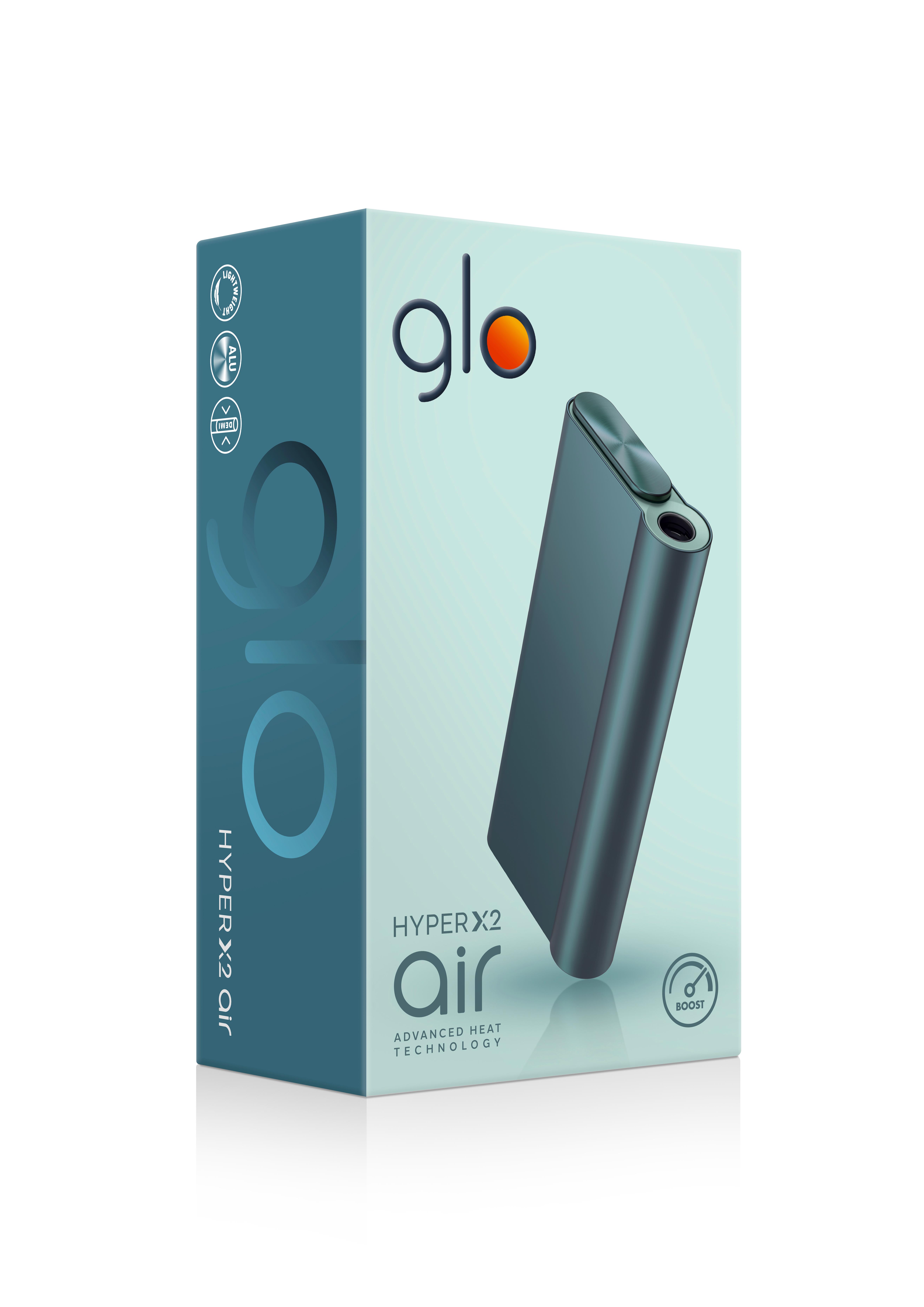 Hellblaue Produktverpackung des glo HYPER X2 Air Device Kits mit abgebildetem schwarzem Gerät, Branding und technischer Spezifikation, 1 Stück.