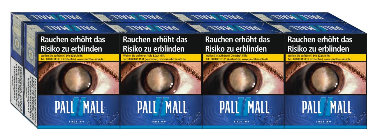 Blaue und weiße Packung Pall Mall Blue Super Zigaretten, angeboten als Stange.