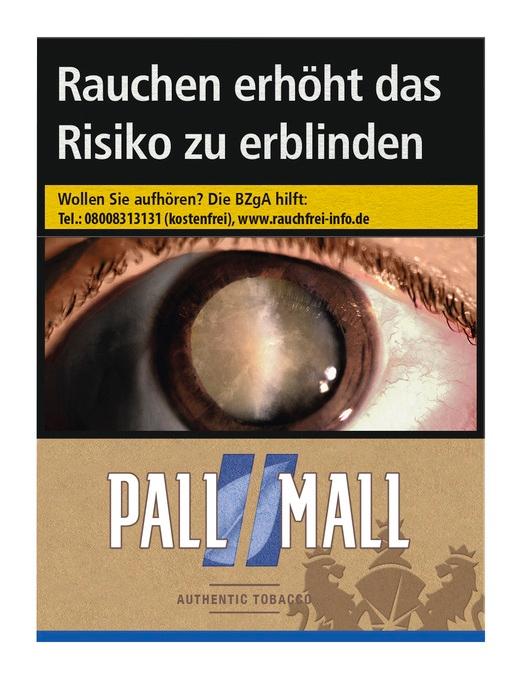 Pall Mall Authentic Blue Giga Pack (25 Stück) Zigarettenpackung in Beige mit schwarzem Header und markantem Augenmotiv.