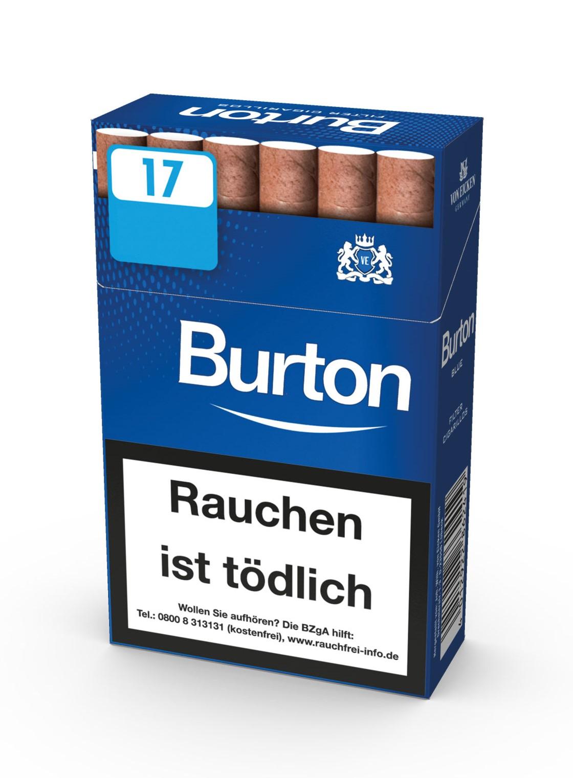 Blaue Packung Burton Blue Filter Zigarillos L mit weißem Burton-Logo und dem Warnhinweis "Rauchen ist tödlich". Verpackungseinheit: Stange mit 10 Packungen á 17 Stück.