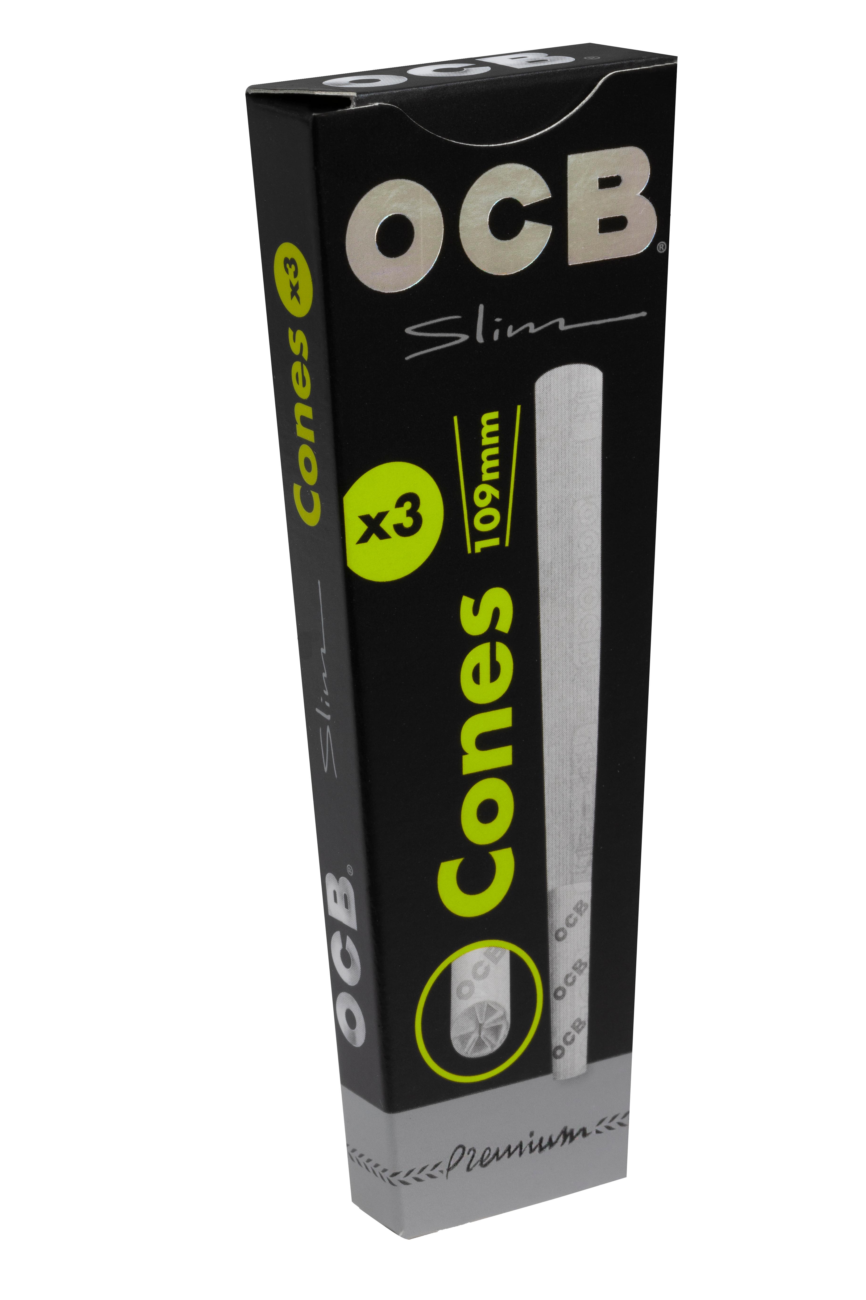 Schwarze Pappschachtel mit 1 Packung OCB Slim Cones von OCB, enthält 3 Stück Premium Cones in 109mm Größe.