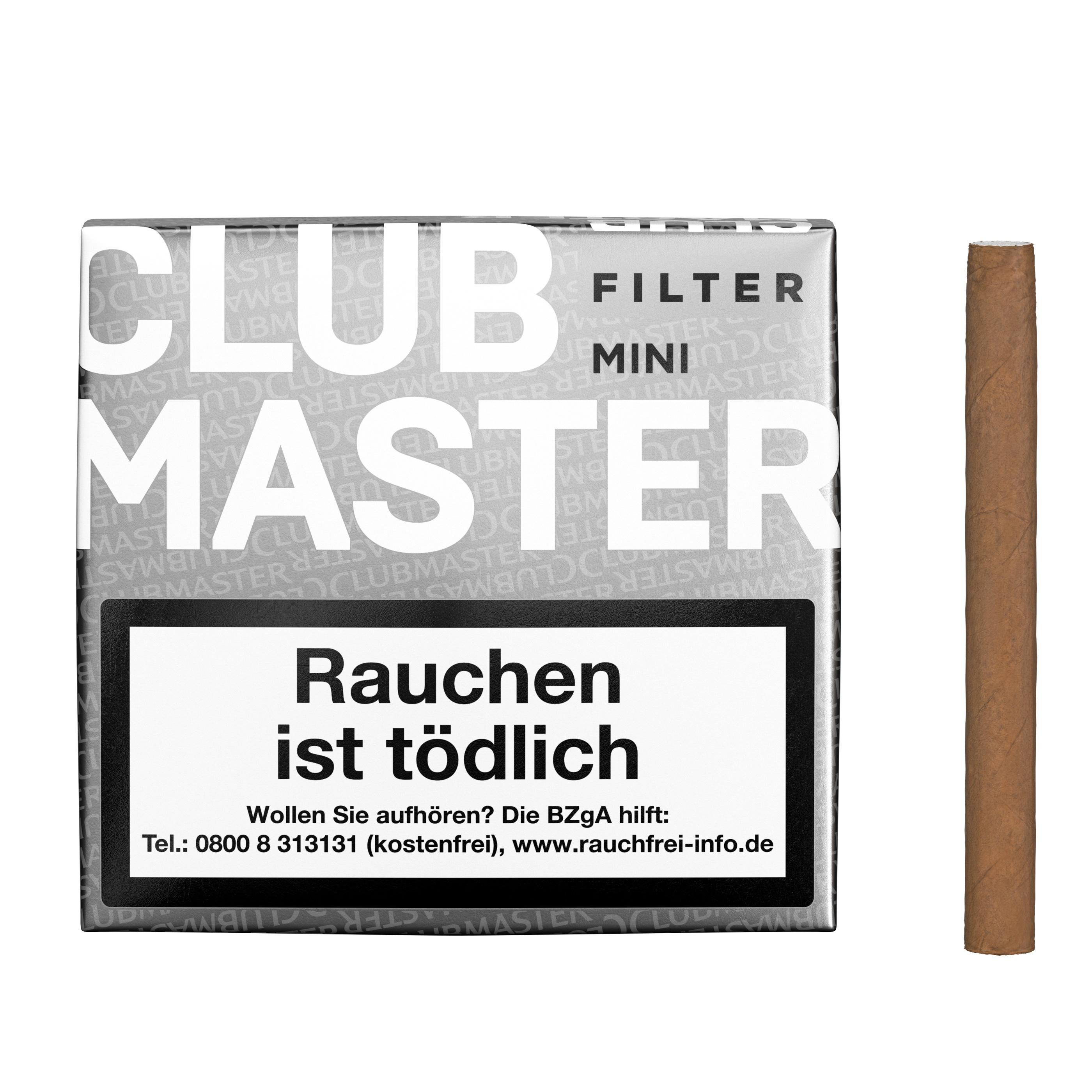Eine Packung Clubmaster Zigarillos 176 Mini Filter White mit 20 Stück Inhalt. Die graue Schachtel zeigt den Markennamen "Club Master" in weißer Schrift und ein Muster aus kleinen, wiederholenden Logos.