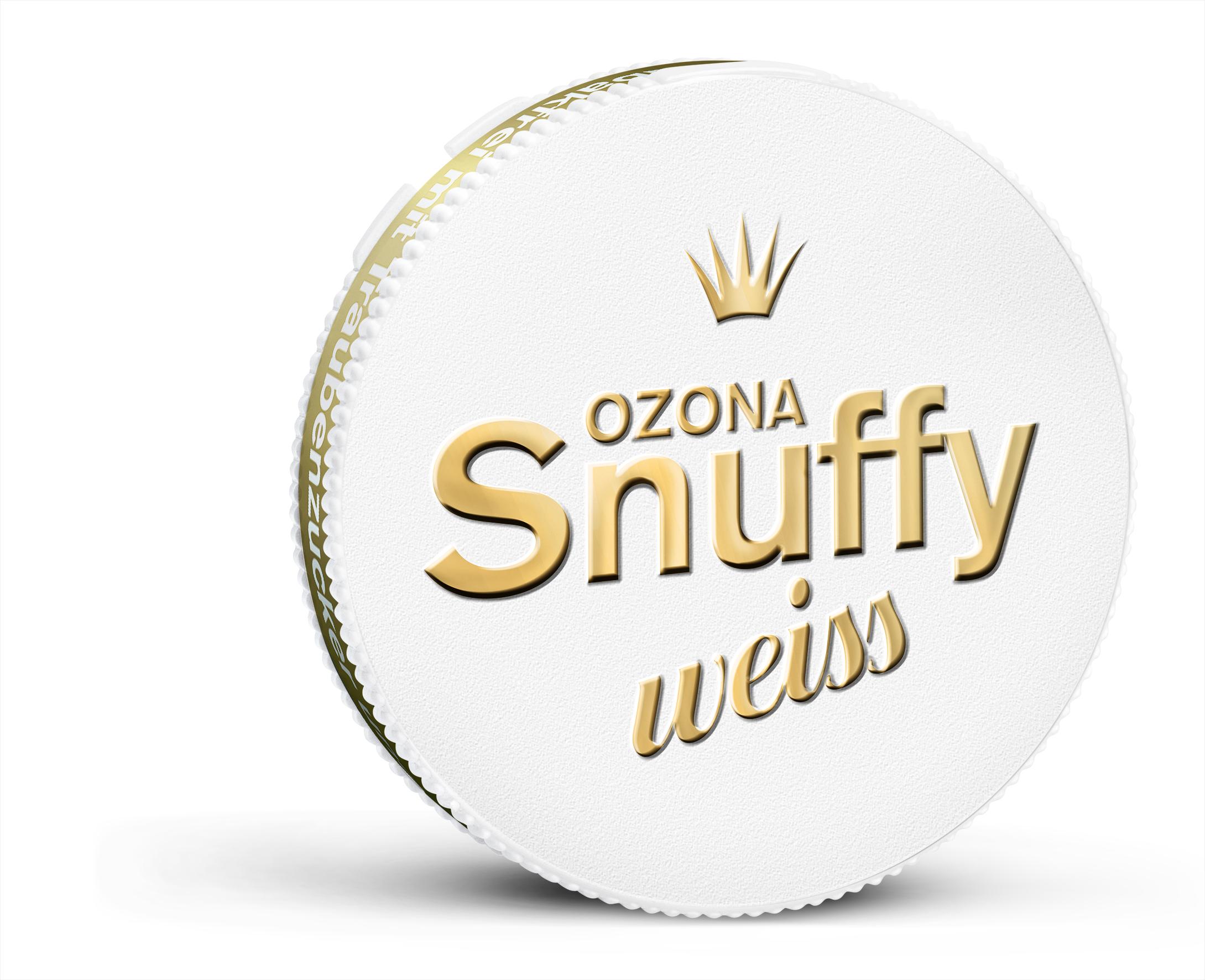 Weiße, runde Dose Ozona Schnupftabak Weiß von Ozona mit gewelltem Rand und goldenem Kronenlogo, das den Schriftzug "OZONA Snuffy weiss" zeigt. Verpackungseinheit: 6 Gramm.