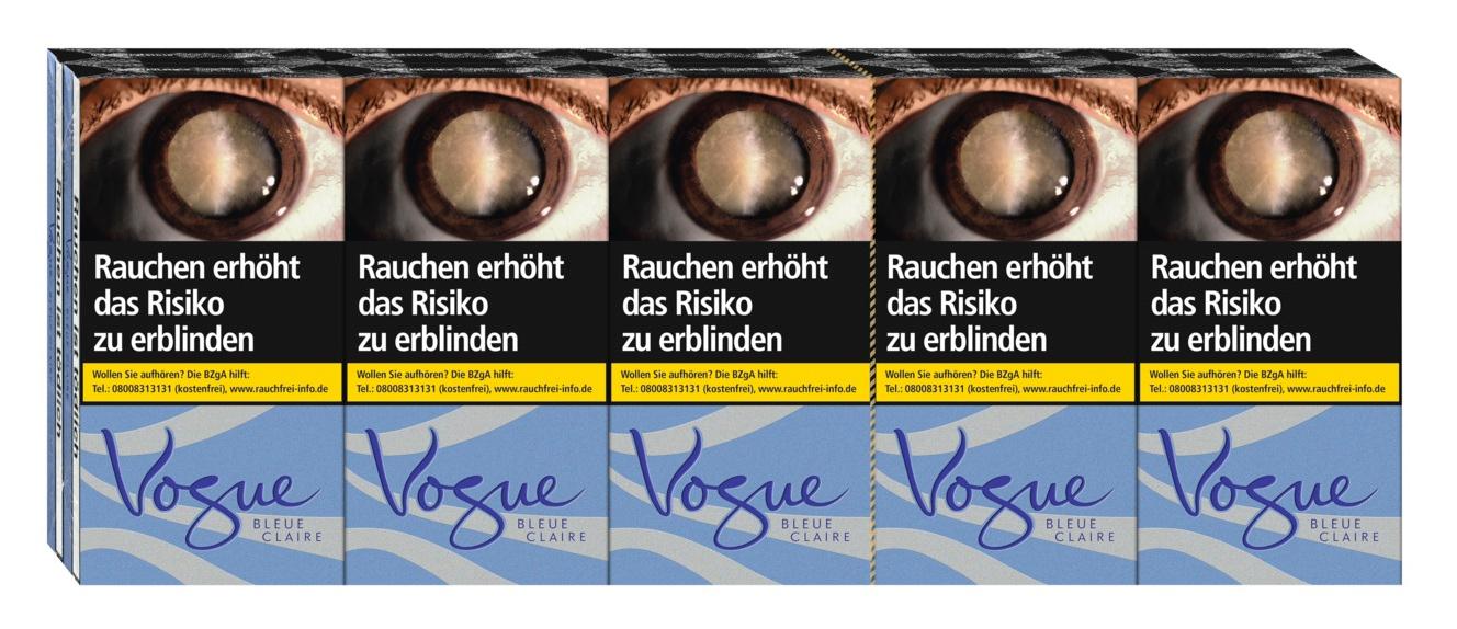 Stange Vogue Bleue Claire Super Slims Zigaretten mit 10 Packungen á 20 Stück, blauem Design und markanter Augen-Illustration.