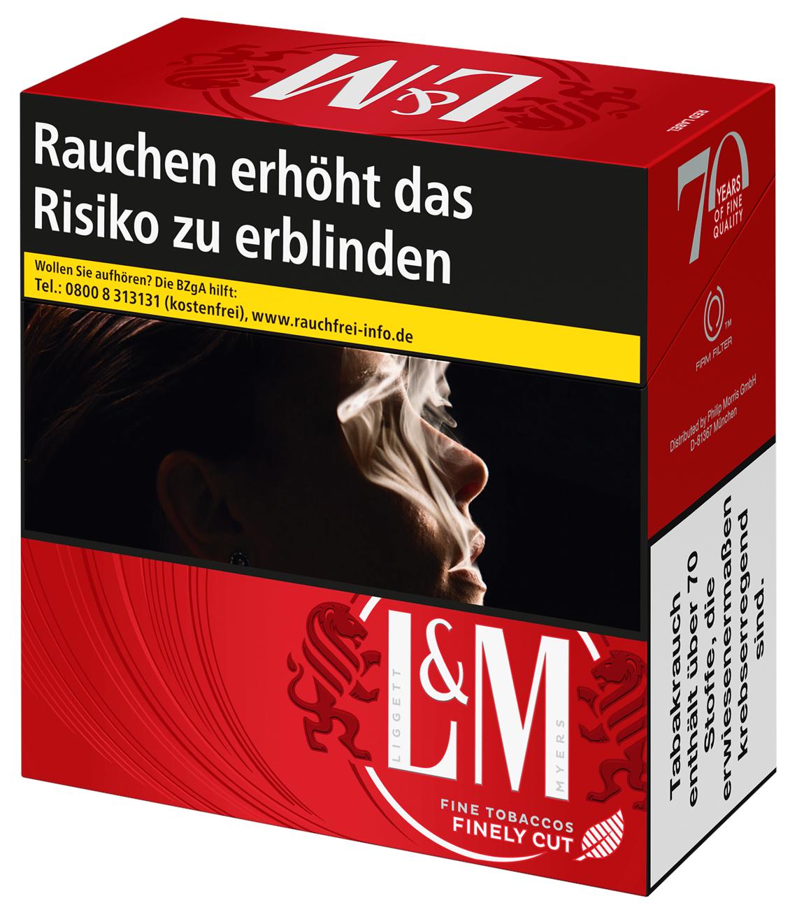 Rote Packung L&M Red 7XL Zigaretten der Marke L&M mit schwarz-gelbem Label, beinhaltet 57 Stück.