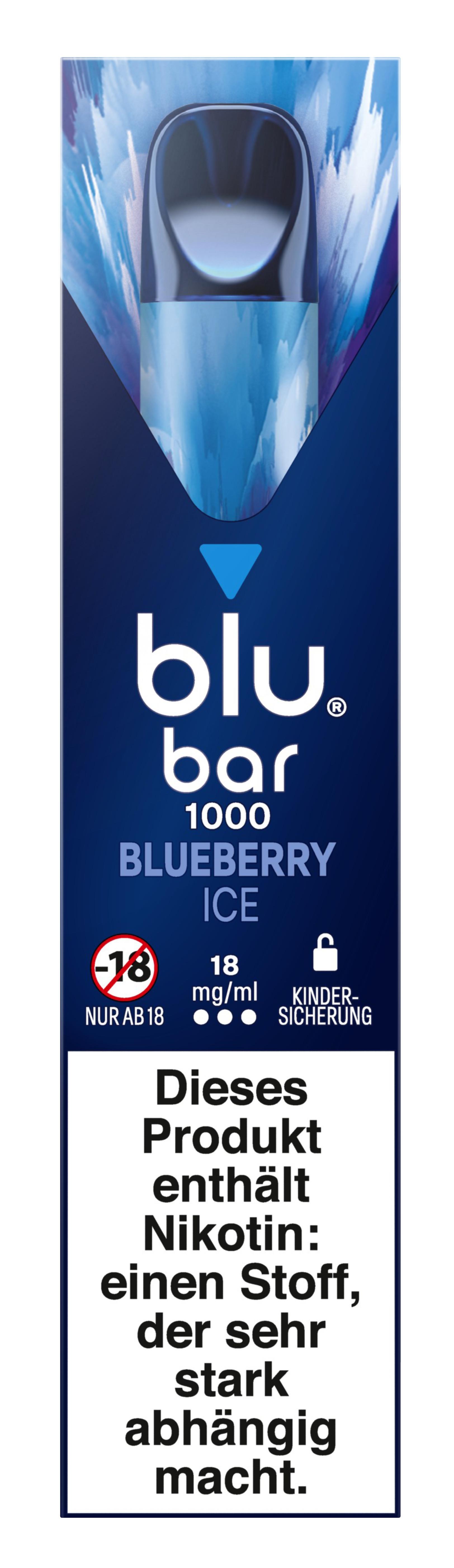 Blaue und weiße Verpackung der blu bar 1000 mit 18 mg Nikotingehalt, inklusive Kindersicherungssymbol, Warnhinweisen und 1 Stück pro Packung.