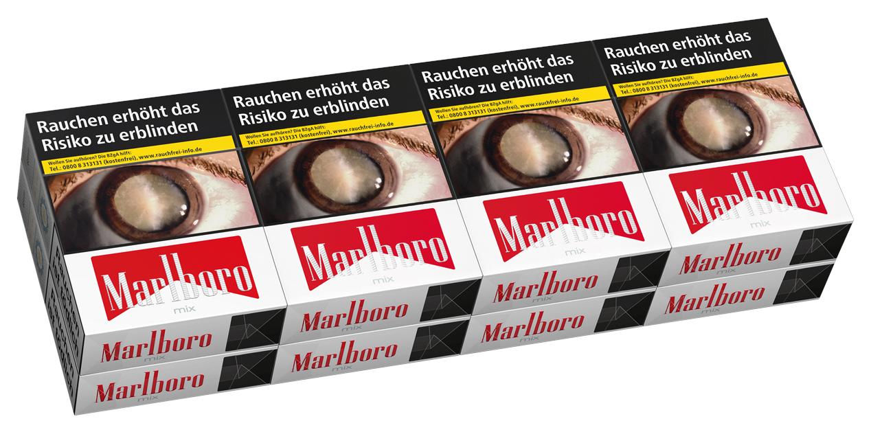 Acht Packungen Marlboro Mix 2XL Zigaretten der Marke Marlboro in einer Stange. Jede Packung ist rot-weiß gestaltet und trägt das Marlboro-Logo sowie einen deutschsprachigen Warnhinweis zum Augenrisiko durch Rauchen.
