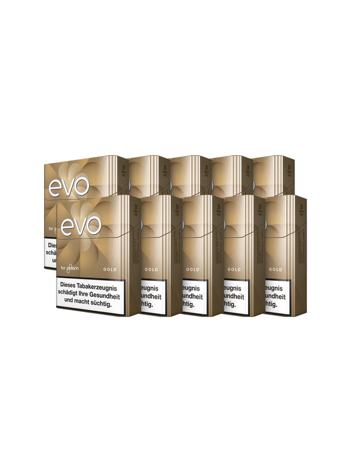 Stange EVO Tobacco Sticks Gold, bestehend aus 10 Packungen mit jeweils 20 Sticks, in goldener Verpackung mit CleanSeal-Versiegelung.