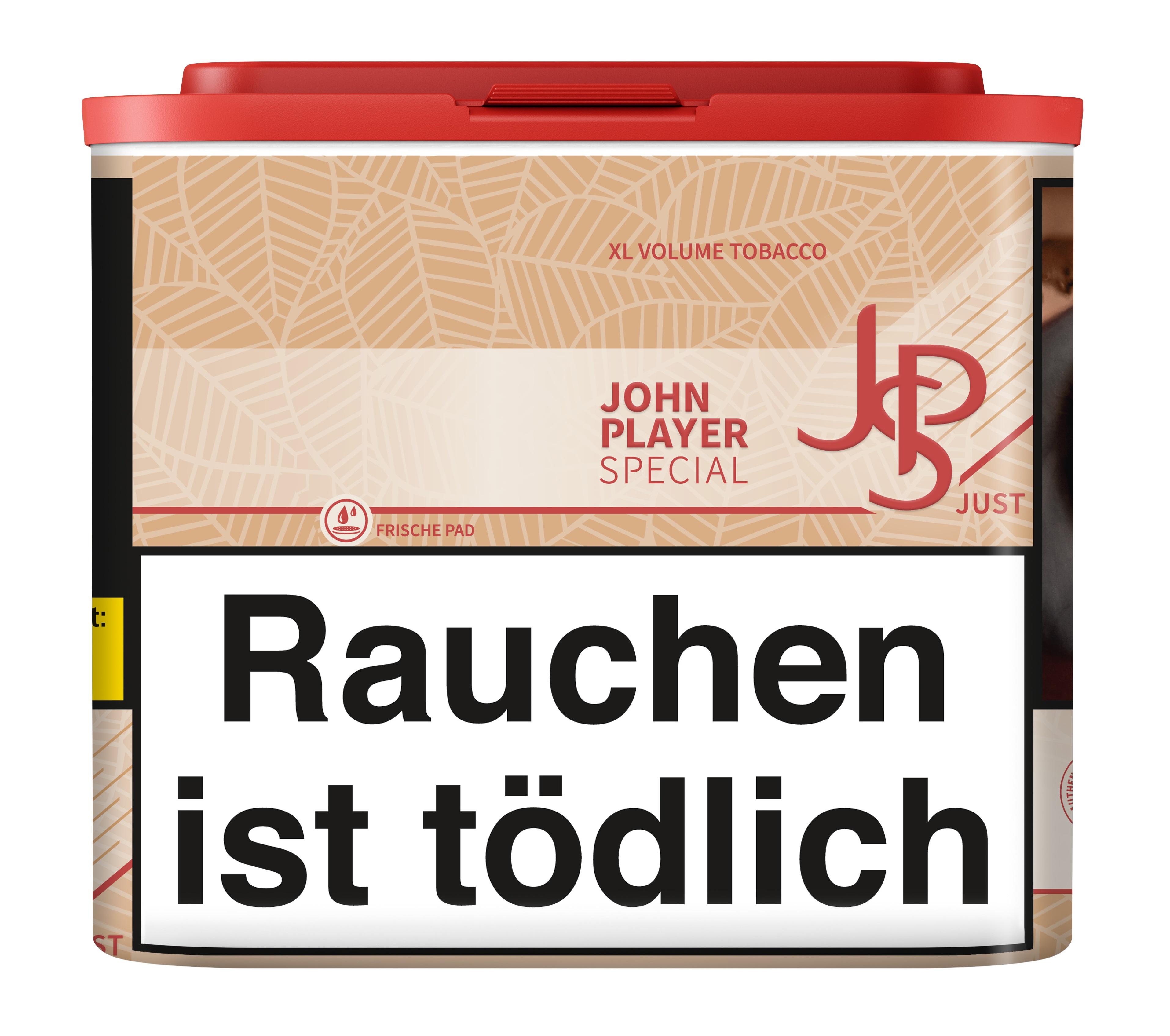 JPS Just Volumentabak XL von JPS in Roter und Beiger Dose mit Blattmuster, 36 Gramm.