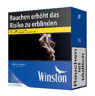 Winston Blue Zigaretten in einer 3er-Vorteilspackung mit insgesamt 180 Stück, präsentiert als 3D-Box mit den gesetzlichen Warnhinweisen.