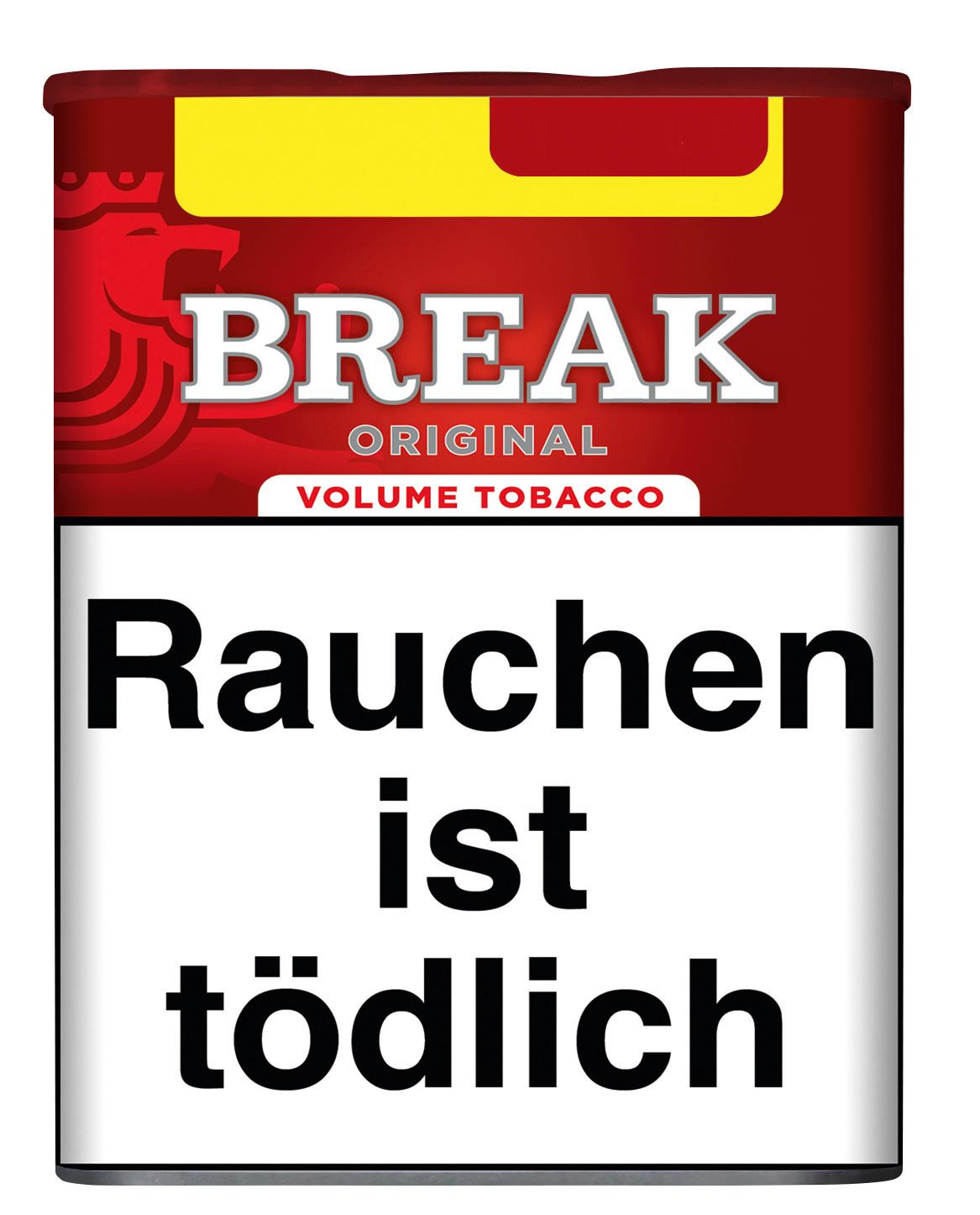 Break Original Volumentabak in der 55 Gramm Dose mit rotem Design, gelbem oberen Bereich, weißem Markenschriftzug und rotem Löwen-Emblem.