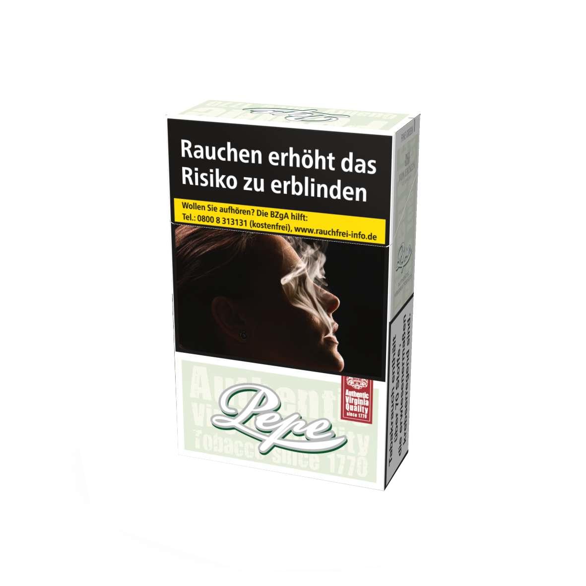 Pepe Zigaretten Fine Green, 20 Stück in der Originalverpackung mit Authentic Virginia Quality Aufdruck und Herstellerinformationen der Joh. Wilh. von Eicken GmbH.
