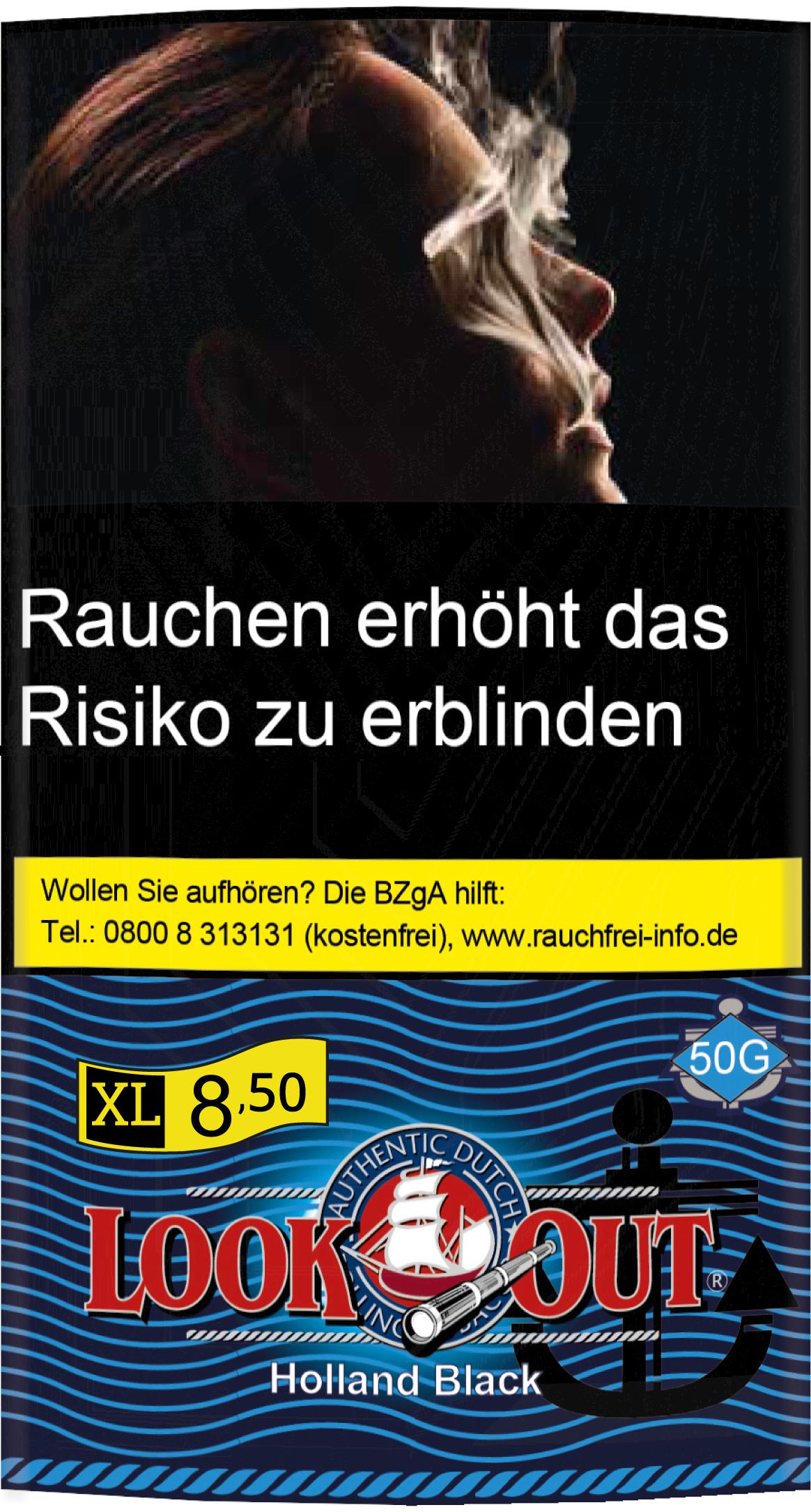 50 Gramm Packung Look Out Holland Blue Zigarettentabak von Look Out in blau-weißer Verpackung mit Segelboot-Motiv und niederländischem Warnhinweis "Wollen Sie aufhören? Die BZGA hilft:".