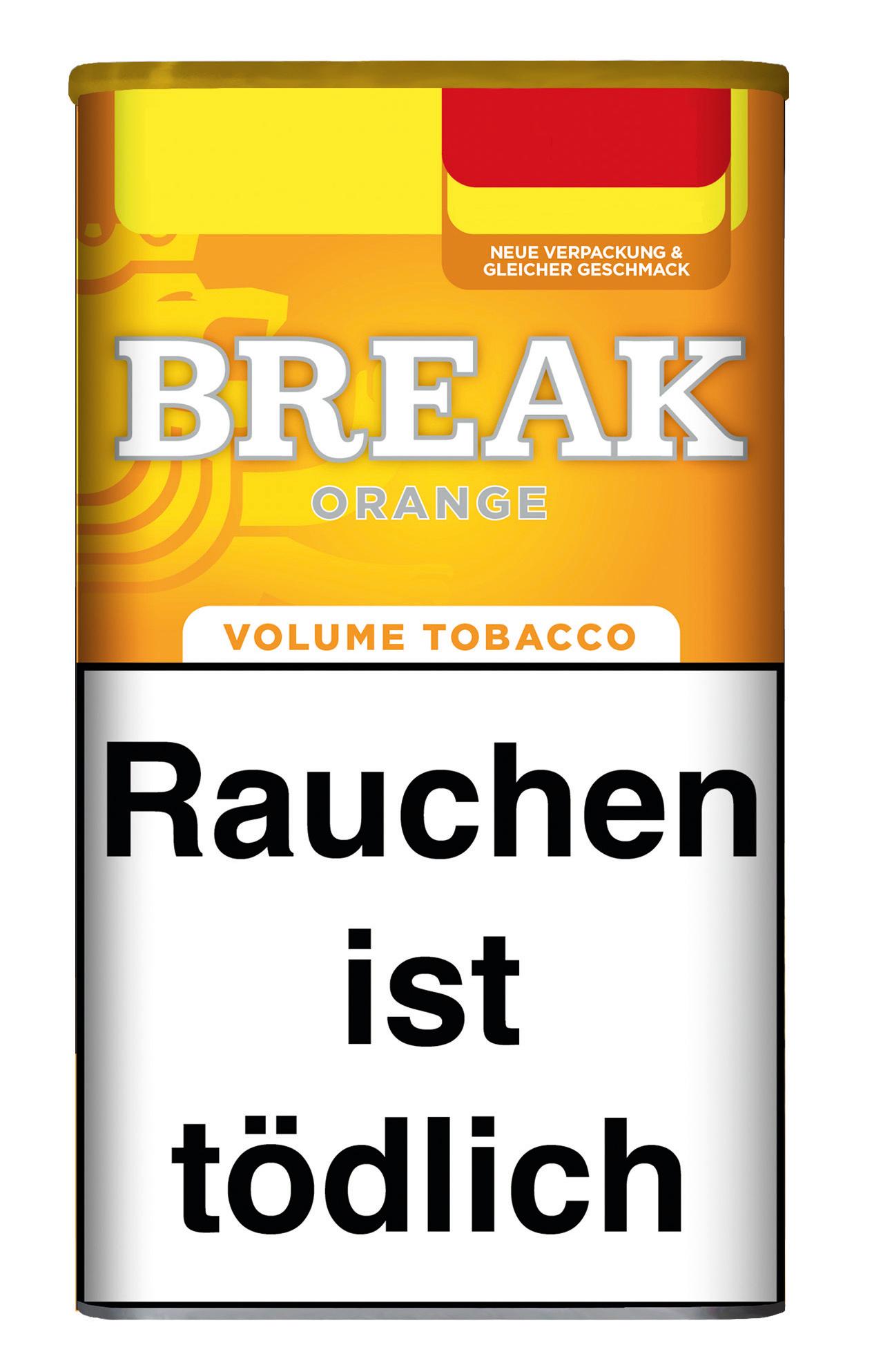 Orangefarbene 90-Gramm-Dose Break Orange Zigarettentabak der Marke Break, eine American Blend Mischung für intensiven Geschmack, mit gelbem Deckel und Hinweisen auf neuer Verpackung und Volumentabak.