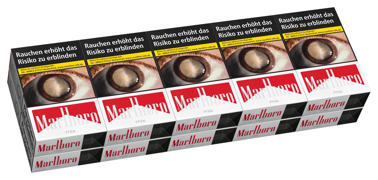 Produktfoto: Marlboro Mix Zigaretten, 1 Stange, bestehend aus 10 Packungen á 20 Stück, rote und weiße Packung mit Marlboro Logo, Augen-Warnhinweis und deutschem Warntext 'Rauchen erhöht das Risiko zu erblinden'.