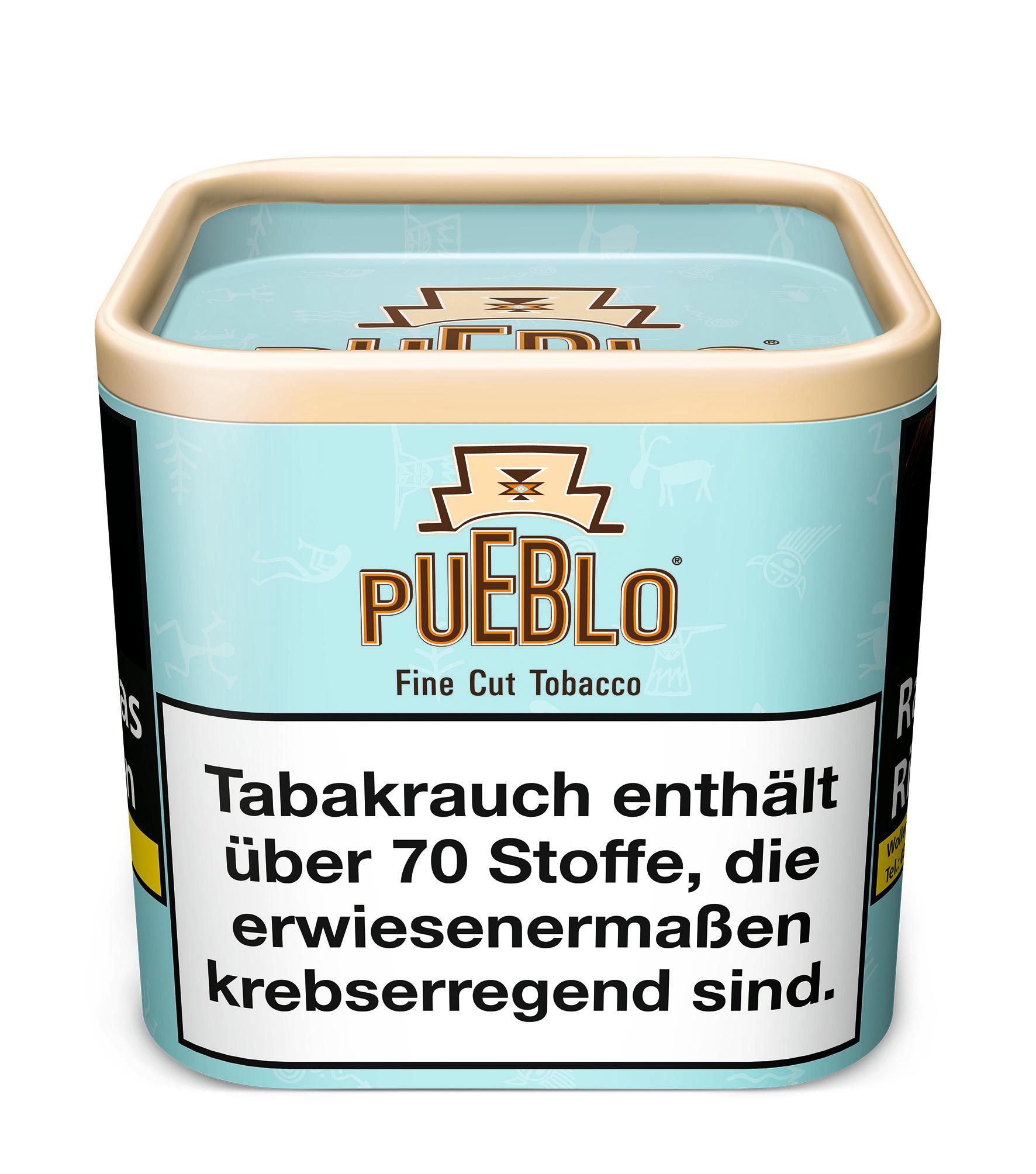 Helleblaue 100-Gramm-Dose Pueblo Blue Zigarettentabak von Pueblo ohne Zusatzstoffe, mit beigem Deckel und indianisch inspiriertem Muster.