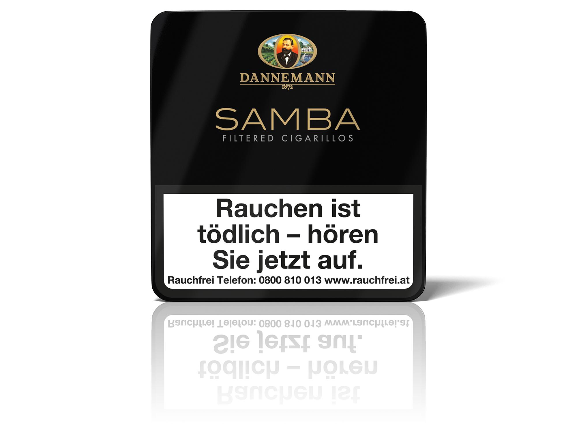 Schwarze Packung Dannemann Samba Filter Zigarillos mit goldenem Logo eines Mannes im Anzug und den Aufschriften 'Dannemann', 'SAMBA' und 'Filtered Cigarillos'. Eine Packung enthält 10 Stück.