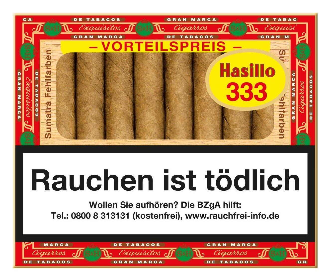 Rote Schachtel Hasillo Fehlfarben 333 Sumatra Zigarillos mit gelb-weißer Schrift und dekorativer Umrandung, maschinell gefertigte Shortfiller mit hellem Sumatra Tabak, 50 Stück.