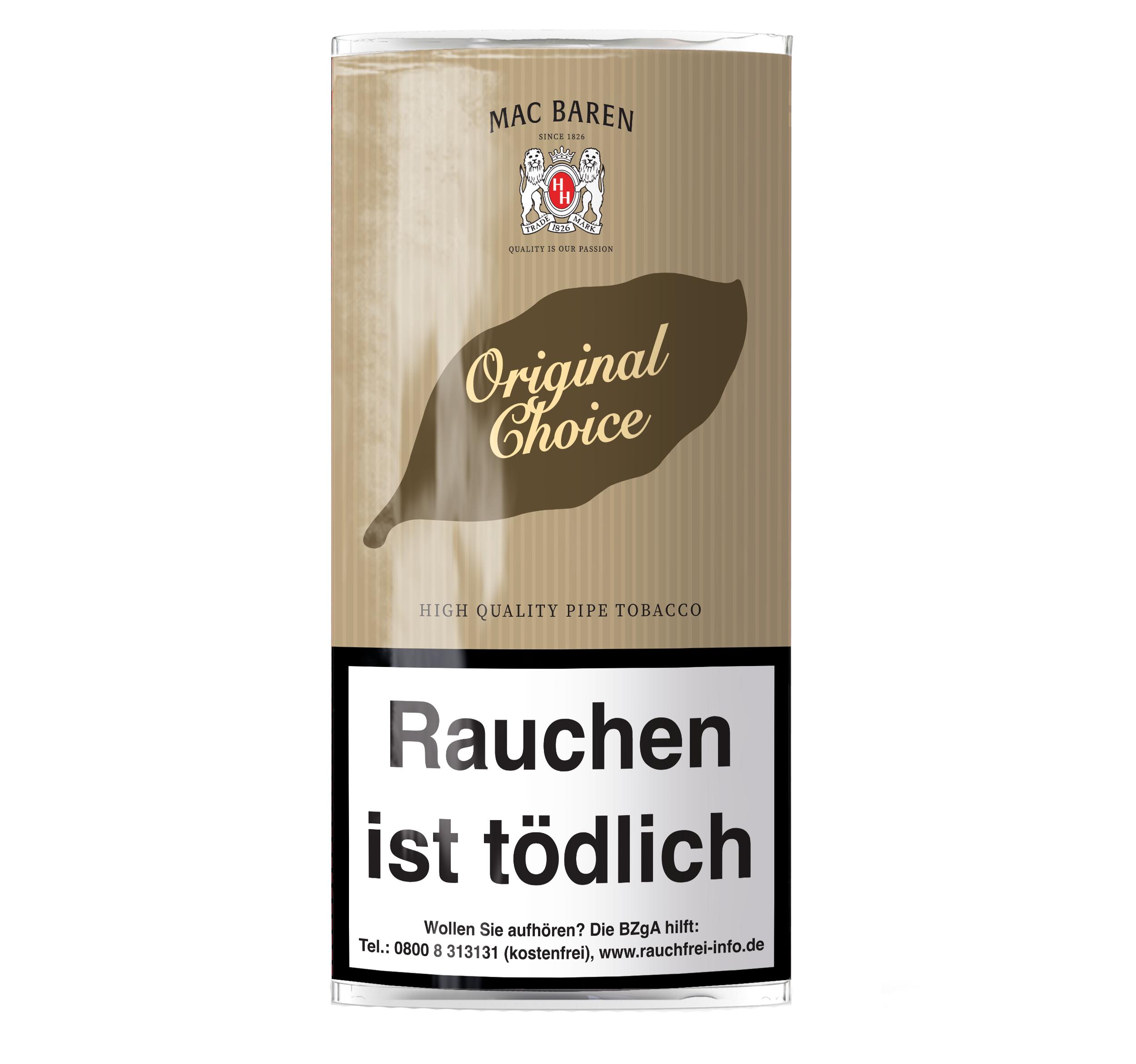 Mac Baren Original Choice Pfeifentabak, bestehend aus 5 Pouches zu je 40 Gramm, in zylindrischer Verpackung mit goldener Beschriftung und Warnhinweis.