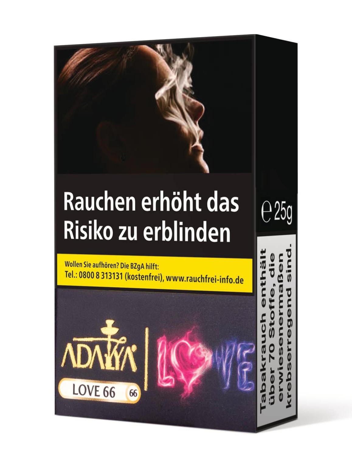 25 Gramm Packung Adalya Love 66 Shisha Tabak von Adalya mit dem Geschmack von Maracuja und Melone.
