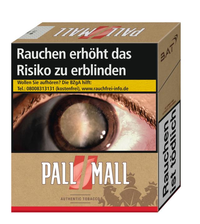 Pall Mall Zigaretten Authentic Red Giga in braun-roter Packung mit Warnhinweis und auffälligem Augen-Motiv, Verpackungseinheit 33 Stück.