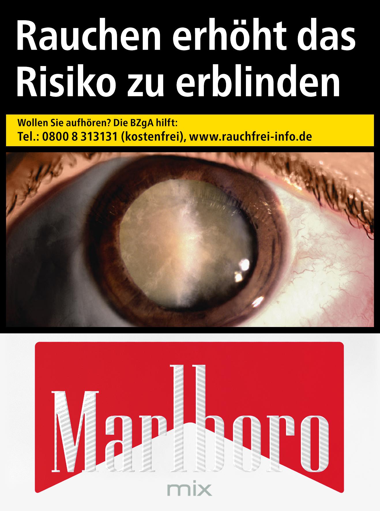 Marlboro Mix XL Zigaretten, 30er Packung von Marlboro, mit rotem Logo und Warnhinweis 'Rauchen erhöht das Risiko zu erblinden'.