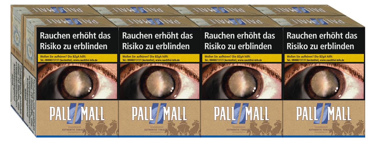 Eine Stange Pall Mall Authentic Blue Giga Pack mit 8 hellbraunen Schachteln, jede enthält 25 Zigaretten.