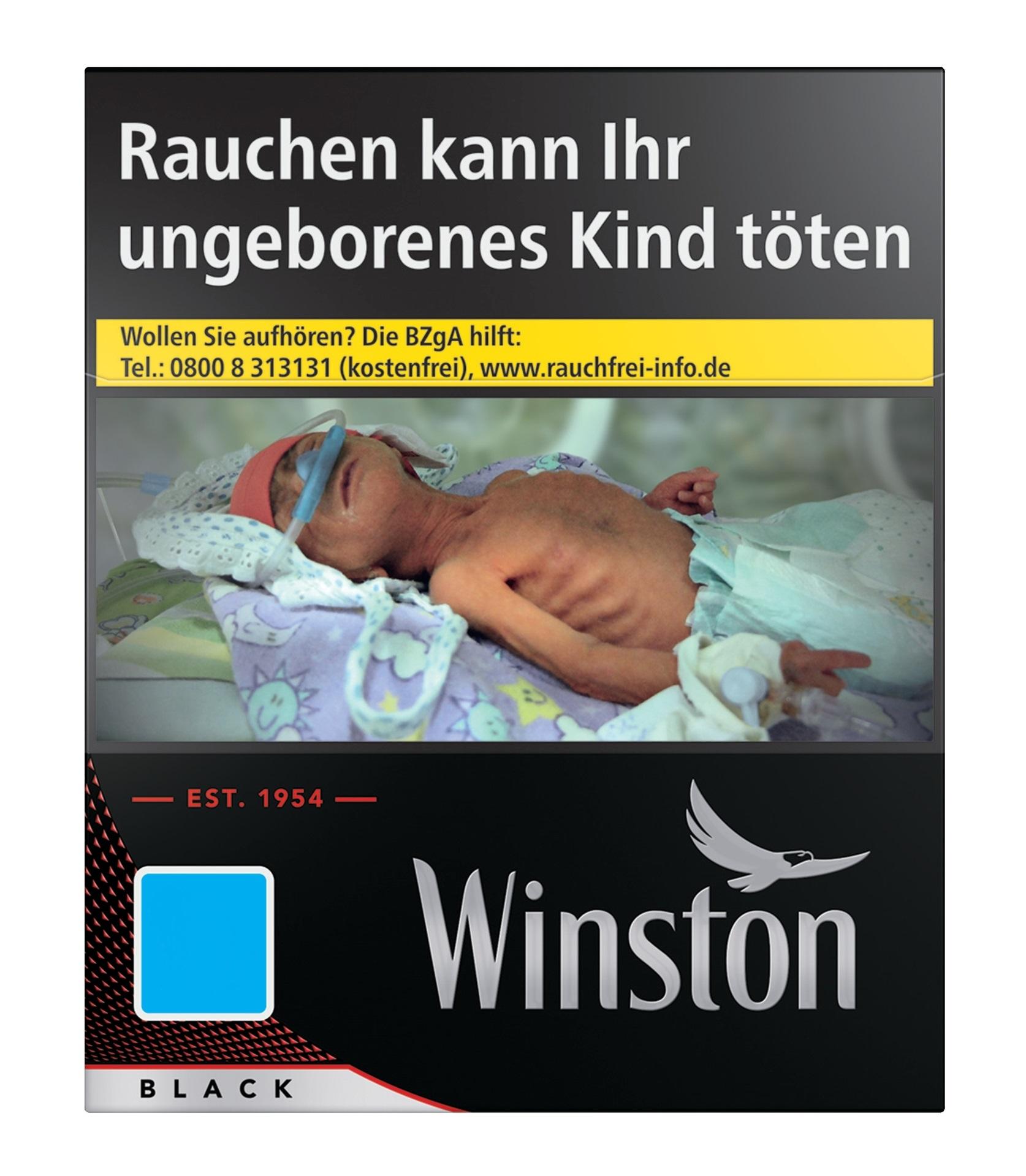 Packung Winston Black 5XL Zigaretten (39 Stück) im typischen dunklen Design mit Winston Logo.