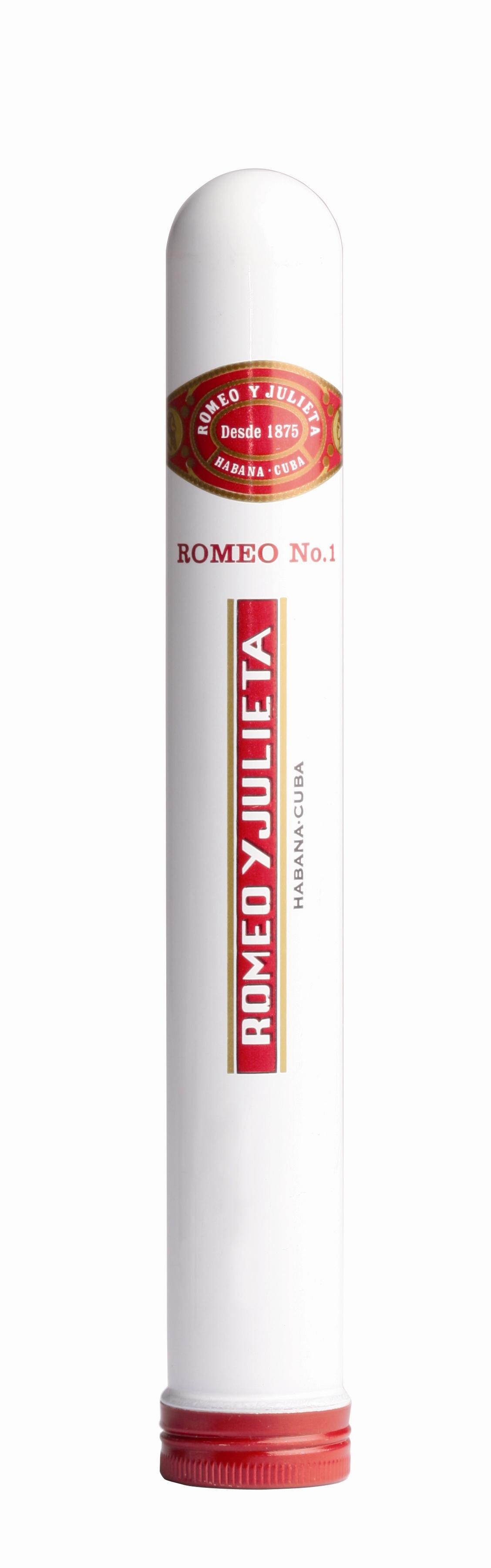 Einzelne weiße Tube für Romeo y Julieta Zigarren No.1 mit rotem Band, Emblem und Schraubdeckel aus dem 3er Pack.