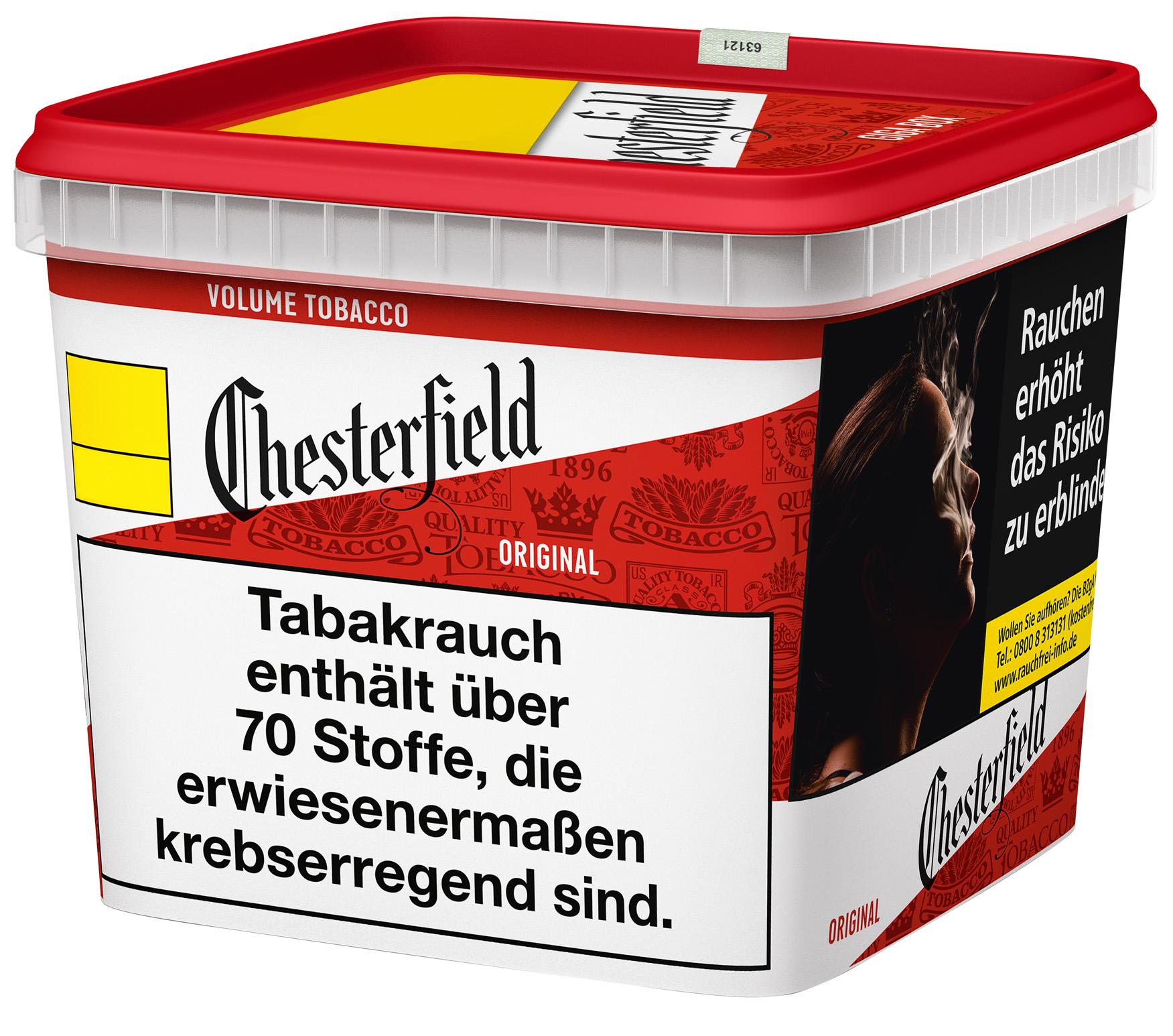 Rot-weißer Eimer Chesterfield Volumentabak Red mit 260 Gramm Inhalt, geeignet zum Stopfen von Filterzigaretten.