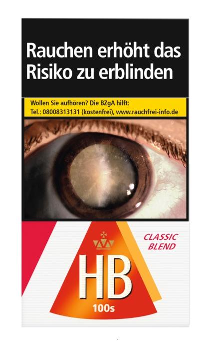 HB Zigaretten Classic Blend 100er Packung mit 20 Stück, inklusive der gesetzlich vorgeschriebenen Warnhinweise und Kontaktdaten der BZgA zur Raucherentwöhnung.