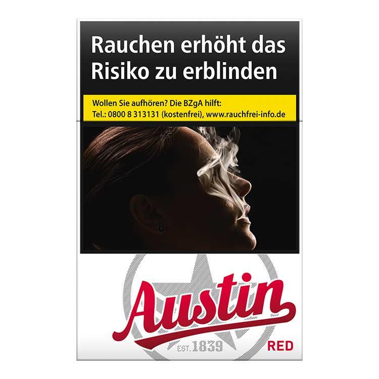 Austin Red Zigaretten, 20 Stück, American Blend Tabakmischung in einer Packung mit schwarzem Design und Frauenprofil.