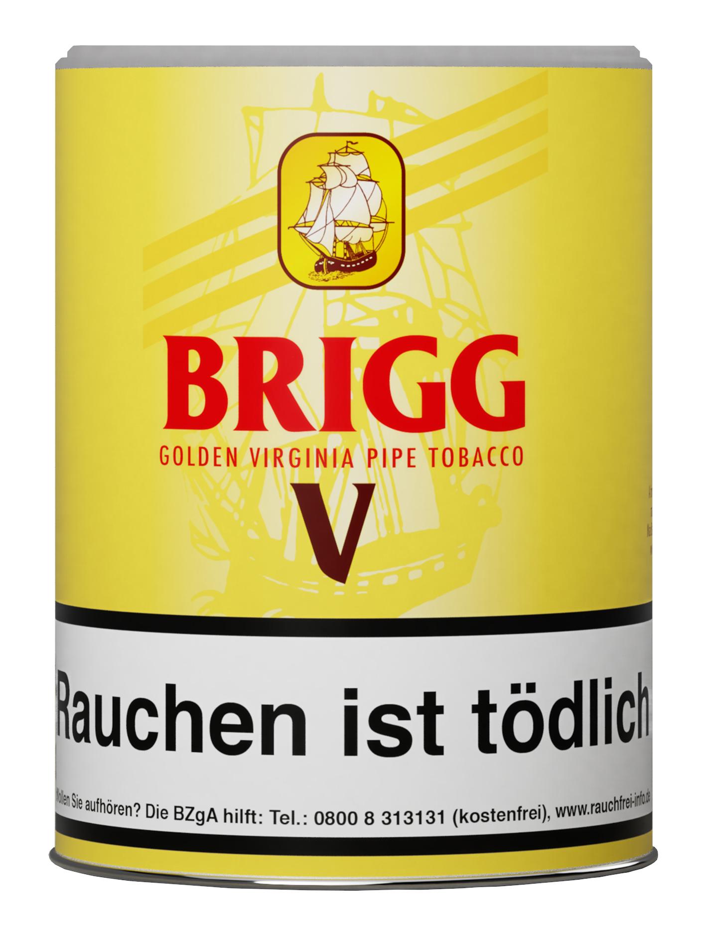 Gelbe zylindrische 155-Gramm-Dose Brigg V Pfeifentabak mit Markenlogo, Schiffsmotiv und gesetzlichem Warnhinweis auf der Vorderseite.