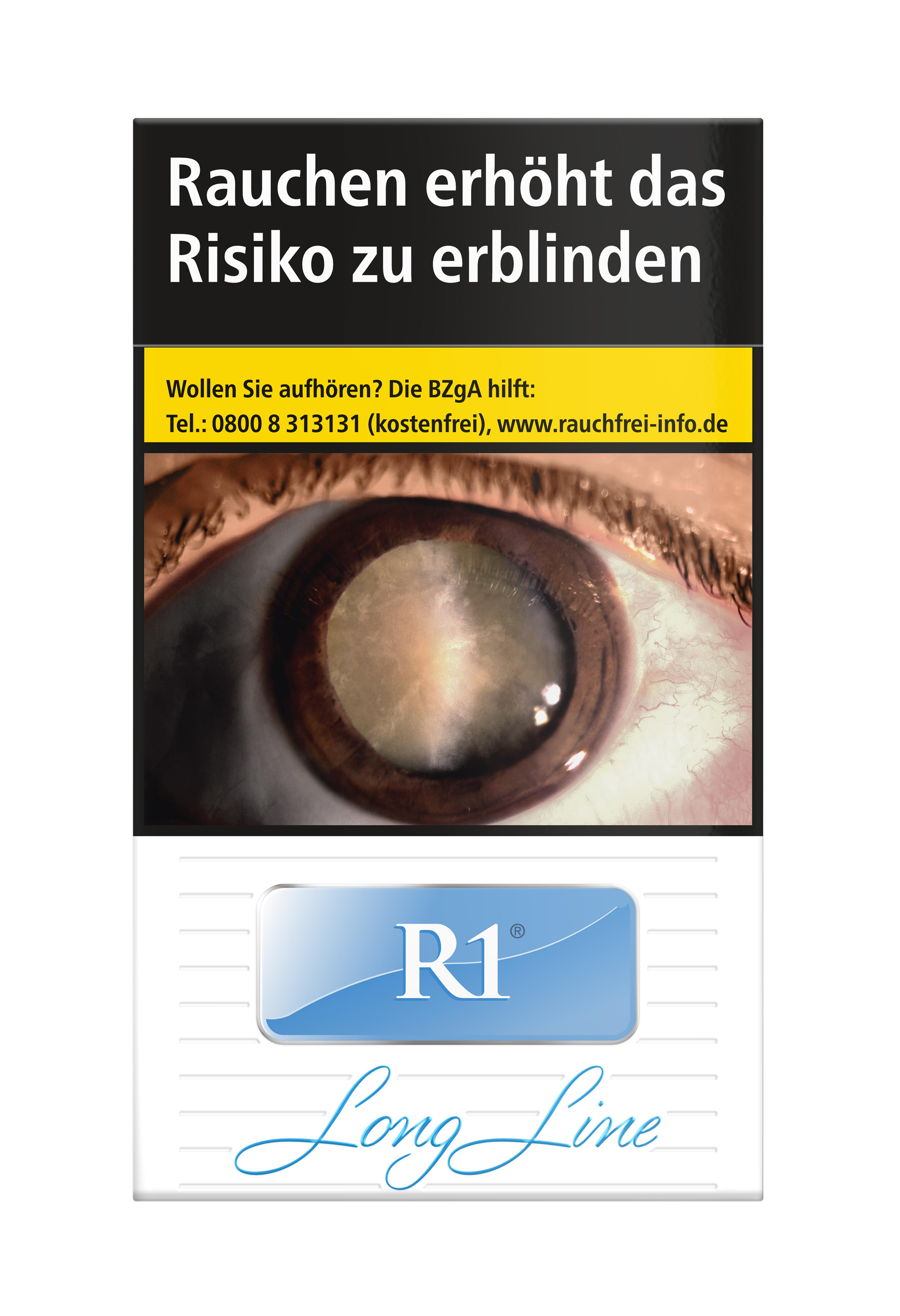 20 Stück R 1 Long Zigaretten von R1 in einer weißen Packung mit schwarzem Hintergrund, verziert mit einem auffälligen Bild eines menschlichen Auges und dem Warnhinweis 'Rauchen erhöht das Risiko zu erblinden'.