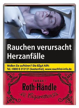 Roth-Händle Zigaretten ohne Filter in der rot-schwarzen Packung mit 20 Stück Inhalt inklusive gesetzlicher Warnhinweise.