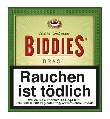 Biddies Brasil Tabak 100% von Agio als Packung mit 20 Stück, inklusive gesetzlichem Warnhinweis und Kontaktinformationen zur Raucherentwöhnung.