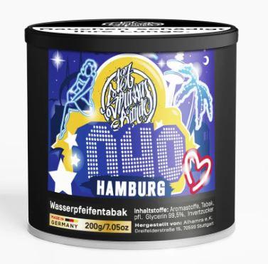 Schwarze 200-Gramm-Dose '187 Hamburg #040' Wasserpfeifentabak von 187 Straßenbande, mit farbenfrohem gelb-blauem Design, stilisierter Figur, rotem Herz und den Aufschriften '1st Austrian Rail' und 'No40 Hamburg'.