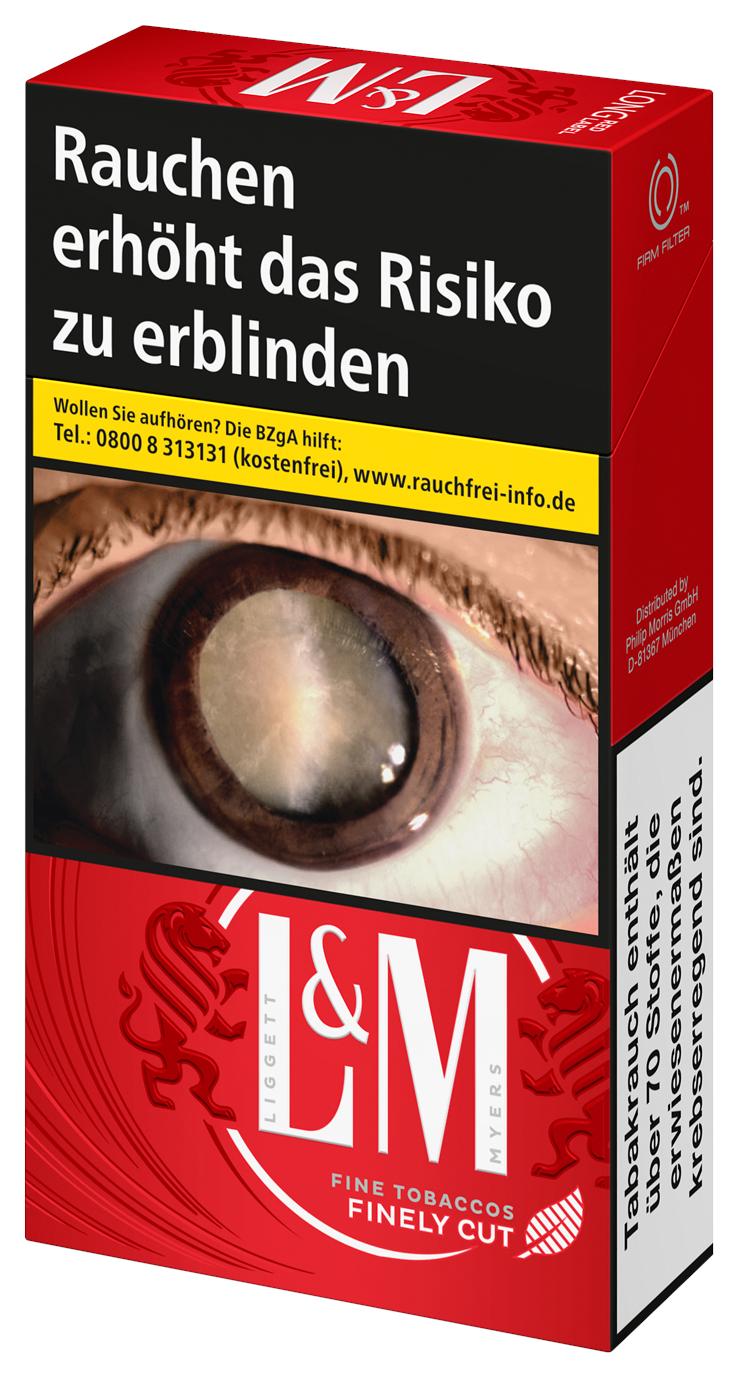 L&M Red Long Zigaretten Packung mit rotem und schwarzem Design und Firm Filter.