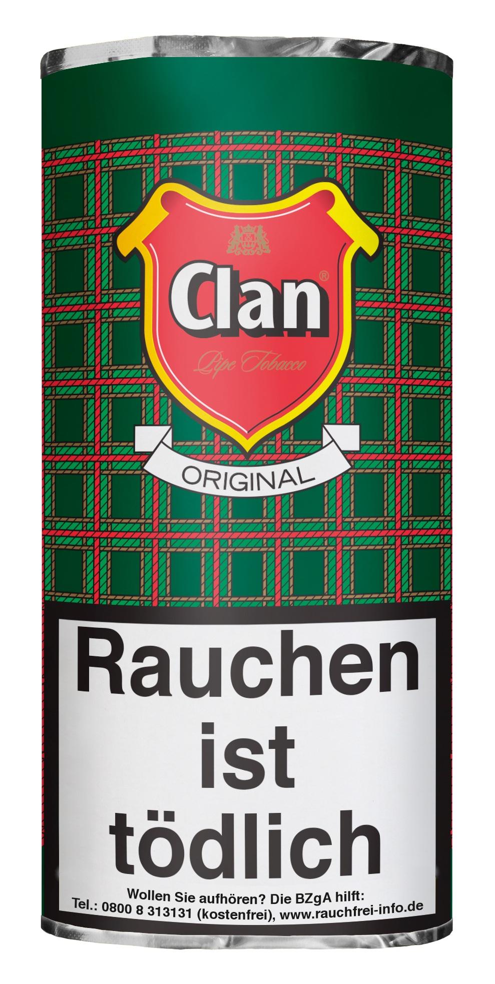 Clan Pfeifentabak Original, 5 Pouches à 50 Gramm in einer grünen Dose mit Tartan-Muster, rotem Wappen-Logo und dem Schriftzug Original.